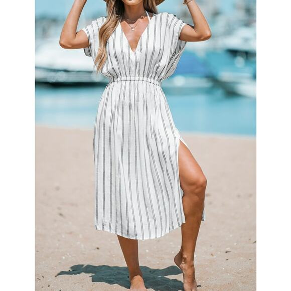 Cupshe Ivory with Black Stripe Dress / Cover-up, Women's Size M - Picture 1 of 6